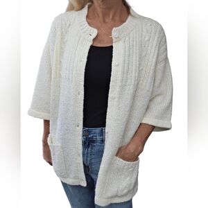 Vintage 1970s Bonnie Lee Cream Knit Cardigan Sweater Pockets Cozy Cottagecore M